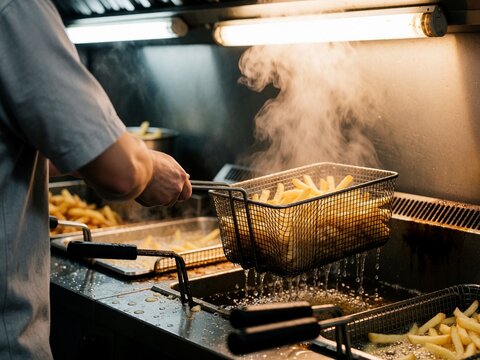 Chef Lifting Fresh French Fries From Hot Deep Fryer