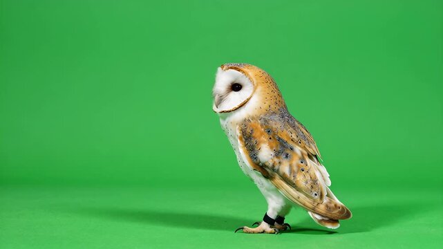 Barn Owl Standing Gracefully on a Green Background