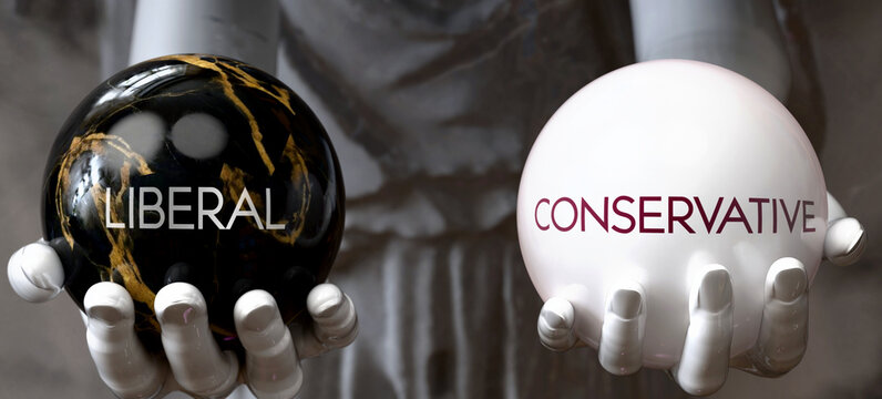 Liberal or Conservative - decide between two options. Greek statue presenting a choice: liberal or conservative, weighing their values. Looking at pros and cons.  ,3d illustration