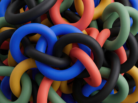 Interlocking colorful plastic ring chain creating abstract link pattern