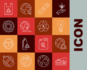 Fototapeta premium Set line Eco friendly house, Planet earth and a recycling, Light bulb with lightning symbol, Battery, Earth globe plant, Solar energy panel, Plastic bag recycle and Recycle leaf icon. Vector