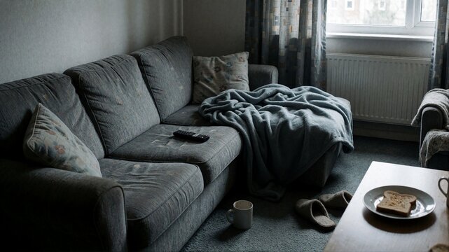 Messy living room with blankets and remote