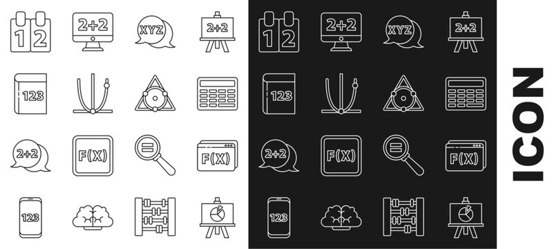 Set line XYZ Coordinate system, Geometric figure Pentagonal prism, Chalkboard, Calculator, Ringing bell, Test exam sheet and pen, Mathematics function cosine and icon. Vector