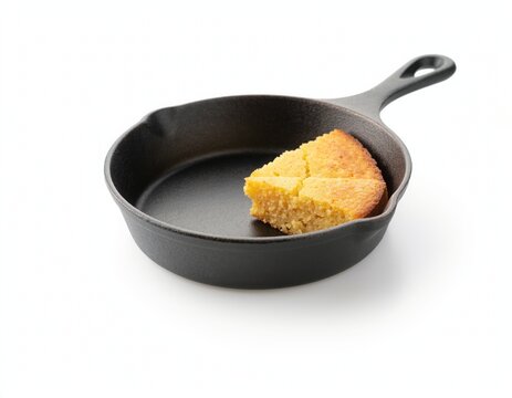 A single slice of golden cornbread resting inside a small, black cast iron skillet, isolated on white background