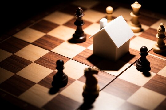 Small white house model on chessboard with chess pieces