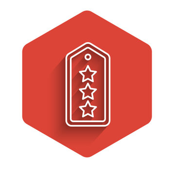 White line Military rank icon isolated with long shadow. Military badge sign. Red hexagon button. Vector