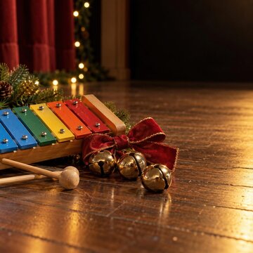 Colorful toy xylophone with mallets, jingle bells red velvet bow on wooden stage floor with lights, nobody