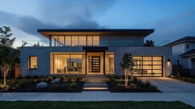 Modern House Exterior Evening Lighting Landscaped Garden Residential Building Contemporary