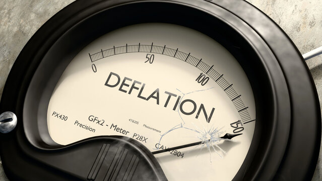 Deflation meter showing high levels of deflation. Dangerously increasing values of deflation, critical overload. Too much, off the charts. Max deflation ,3d illustration
