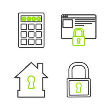 Set line Lock, House under protection, Secure your site with HTTPS, SSL and Password and safety access icon. Vector