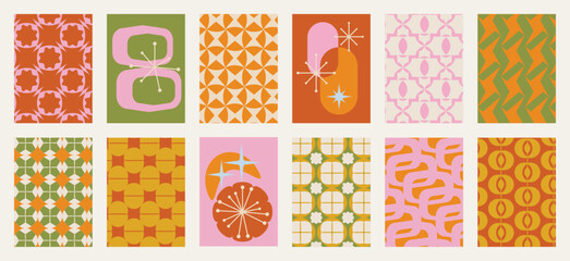 Obraz na płótnie Canvas Playful Retro Mid Century Abstract Pattern Collection, vector textile prints with geometric organic shapes for fabric, wallpaper, home decor, posters, wrapping paper and creative surface design