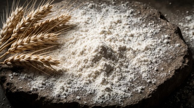 Raw emmer wheat flour scattered on dark stone slab. Dry grain ears, spiky wheat stalks lie beside white powder. Rustic organic food ingredients for traditional baking. Natural texture of cereal flour