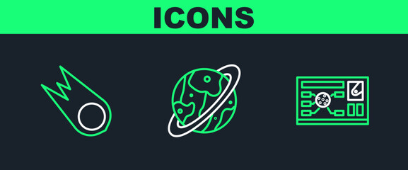 Set line Futuristic hud interface, Comet falling down fast and Space capsule and parachute icon. Vector © Oksana