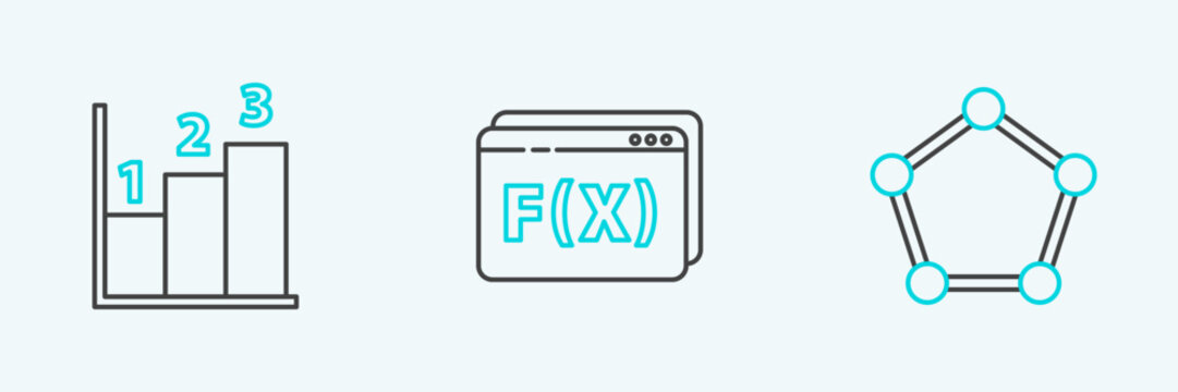 Set line Geometric figure Pentagonal prism, Graph, schedule, chart, diagram and Function mathematical symbol icon. Vector