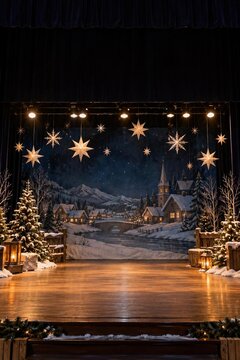 Empty school stage set for winter play with painted snowy village backdrop, hanging stars lanterns, nobody