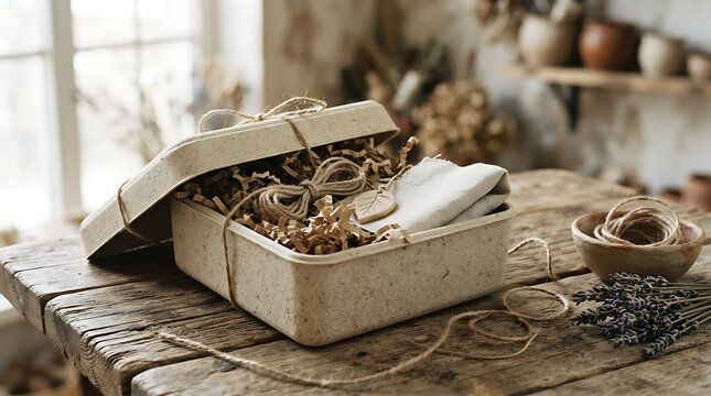 Open eco-friendly gift box filled with shredded paper filler, twine, and a linen cloth, tied with twine and resting on a rustic wooden table with lavender sprigs and a bowl of twine