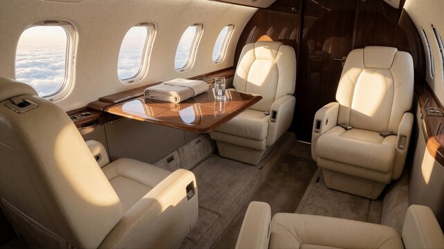 Luxury private jet cabin interior with leather seats and wooden table