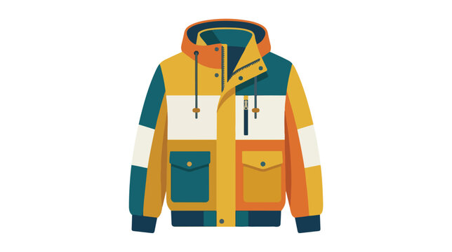 Colorful winter hooded jacket flat vector illustration. Outdoor parka jacket mockup vector. Modern streetwear coat stock art.