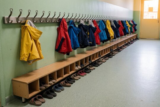 Row of colorful children's jackets and shoes in kindergarten