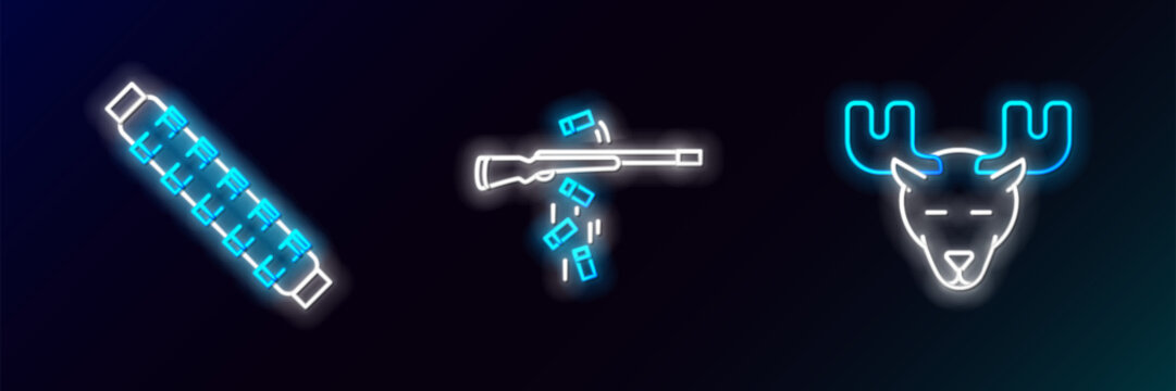 Set line Moose head with horns, Hunting cartridge belt cartridges and Gun shooting icon. Glowing neon. Vector