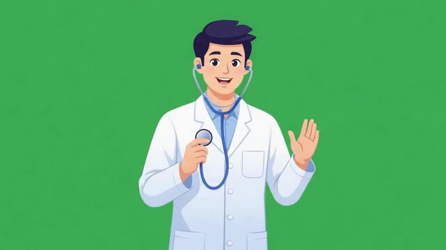 Cartoon male doctor animation set on green screen background, flat vector style
