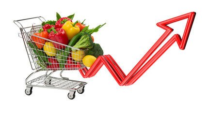 Isolated shopping cart full of fresh groceries with a red rising arrow showing increasing prices. © Julien