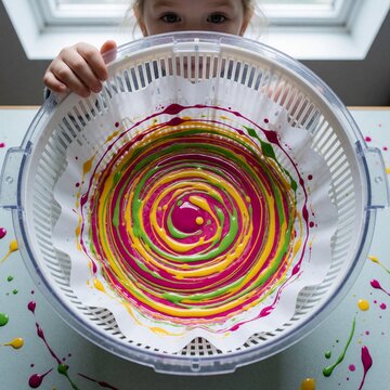 Child spinning colorful paint in a salad spinner