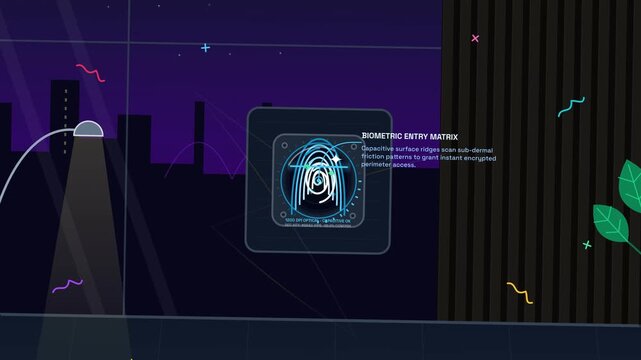 Educational animation of a smart home IoT ecosystem displaying biometric entry security, motorized deadbolts, automated climate control, and autonomous robotic cleaning devices