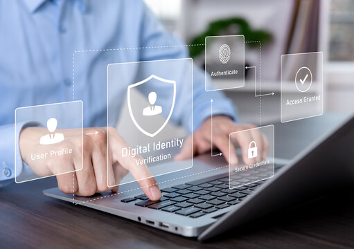 Digital identity verification concept with biometric authentication, secure credentials and access approval displayed on a virtual interface as a professional signs in.