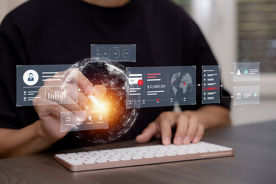 Financial fraud detection concept with transaction monitoring, payment alerts, location tracking and identity verification displayed around a digital globe.