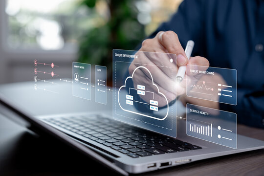 Cloud security concept with identity access controls, authentication, threat monitoring and service health dashboards as a professional interacts with a virtual interface.