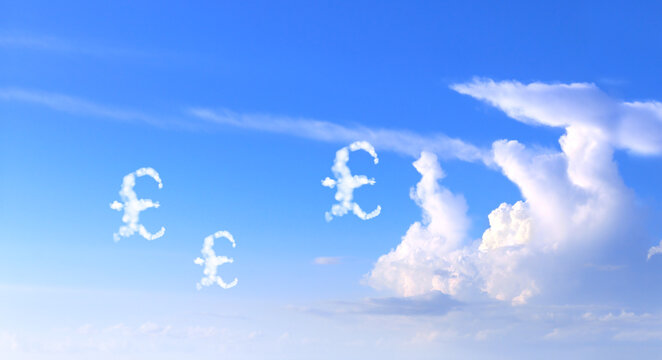 Money making. Great Britain pound sterling sign made of cloud. Creative GBP currency sign. Cloud shaped as GBP currency symbol. Dream big, business growth, development, prosperity, financial success