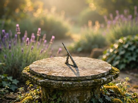 An antique stone sundial sits in a lush garden at sunset, surrounded by purple lavender flowers and soft golden light, creating a peaceful and timeless atmosphere