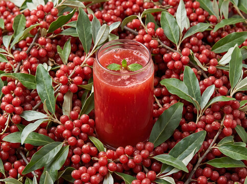 Fresh Elaeagnus fruit juice in a glass with mint leaves, surrounded by ripe autumn elaeagnus berries and leaves