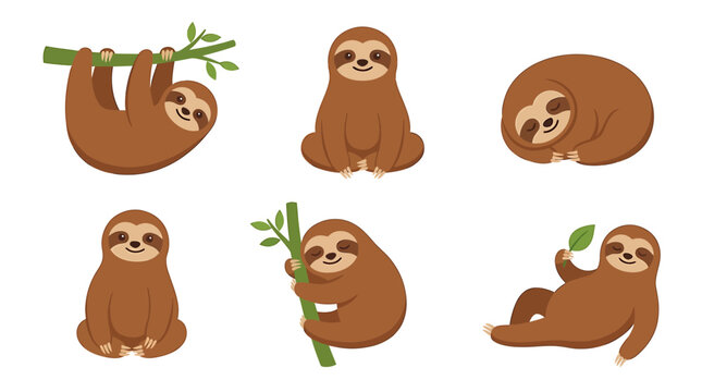 Cute sloth character set, brown cartoon sloth vector illustrations in various poses, 6 funny sloth icons for stickers and nursery decor
