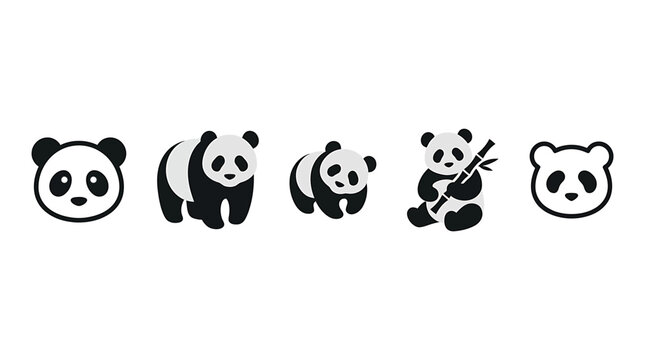 Minimalist panda bear icon set, 5 cute giant panda vector illustrations, black and white animal mascot logos for branding and web design