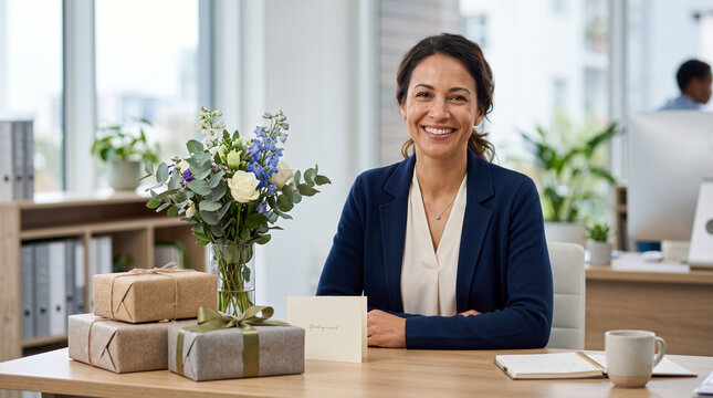 Smiling woman with gifts and flowers at her desk for Boss's Day  