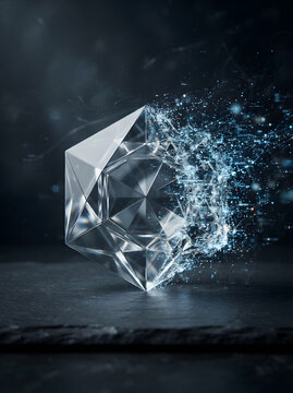 Geometric crystal dissolving into digital particles on dark surface