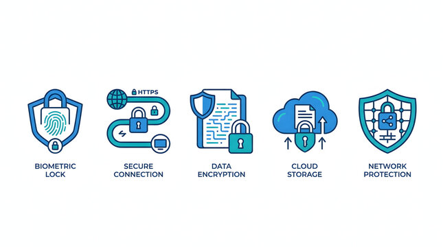 Set of five blue cloud security and data protection icons isolated on