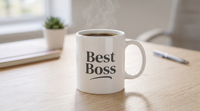 Coffee mug labeled "Best Boss" on a wooden office desk with notebook  
