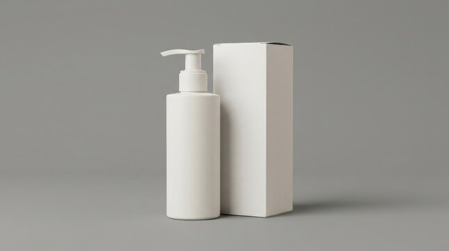White cosmetic pump bottle standing next to a rectangular cardboard packaging box