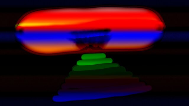Grafica digitale astratta con effetto glitch psichedelico su sfondo nero, caratterizzata da una struttura geometrica a piramide e forme fluide luminose nei toni del rosso, blu, verde e arancione