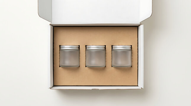 Overhead view of three frosted glass jars with silver lids neatly arranged in a white cardboard shipping box with brown cardboard inserts, on a plain white background