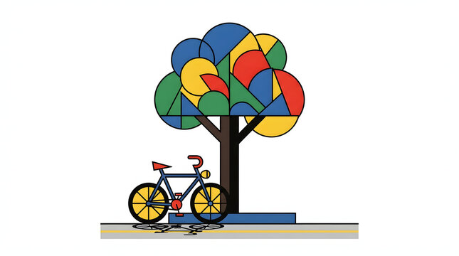 Blue bicycle leaning against a colorful geometric tree illustration