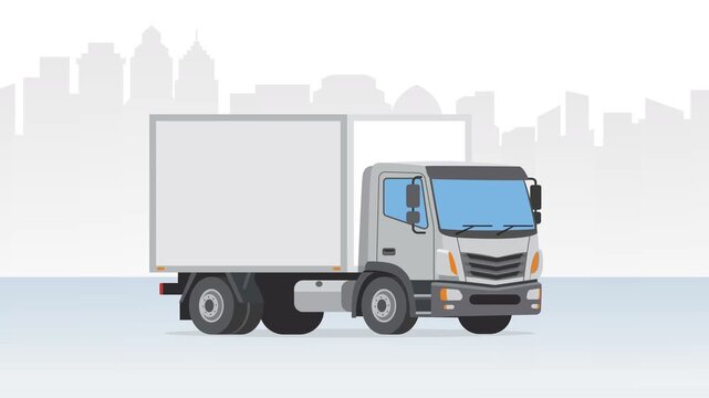 White delivery box truck, 2D animation side view driving with city skyline background