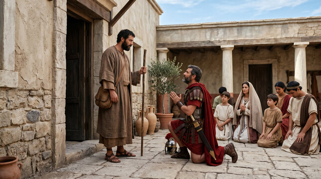 Peter preaching to Cornelius the Roman centurion and his household, Acts 10 New Testament biblical scene, Gentiles receiving the Holy Spirit, early Christian church, religious illustration