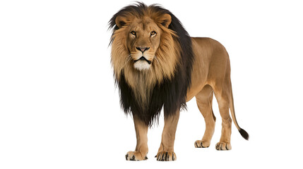 Isolated majestic male lion with a magnificent dark mane standing, powerful wildlife animal © Johan