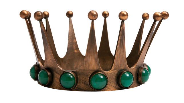 Isolated antique bronze crown with round green gemstones, a symbol of royalty and power