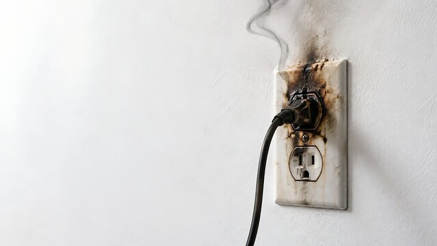 Burned electrical plug smoking on a white wall symbolizing burnout