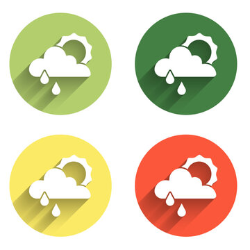 Set Cloud with rain and sun icon isolated with long shadow background. Rain cloud precipitation with rain drops. Color circle button. Vector